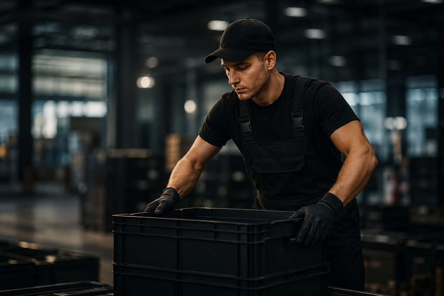 A worker in overalls carrying a plastic crate — general labour